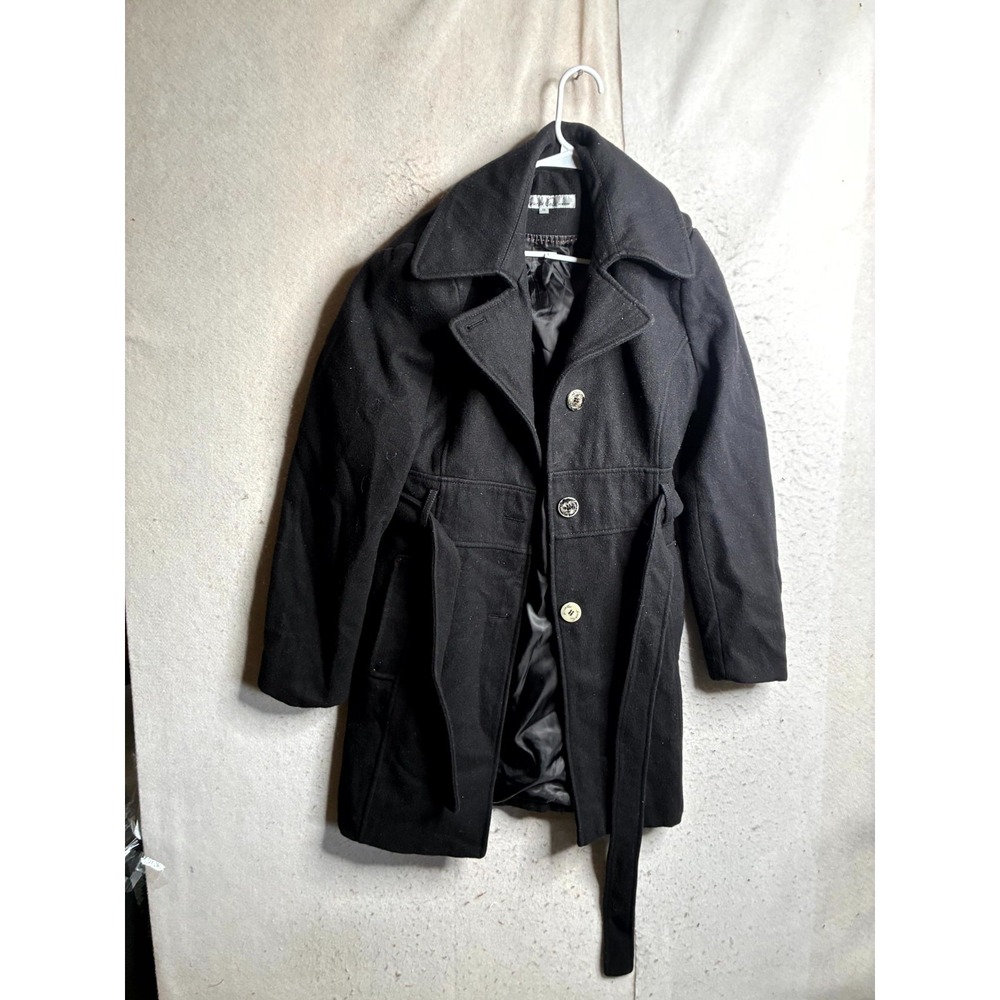 Kenneth Cole New York Trench Jacket Womens 14 Black Wool Blend Belted Classic